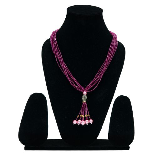 Handcrafted Purple Beaded Long Necklace with Tassel Pendant